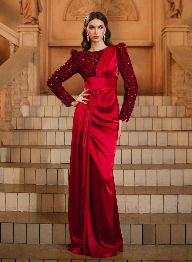 إسكدنيا فستان سهرة أحمر داكن بأكمام طويلة وقصة ذيل السمكة مع لامعة - Image 1