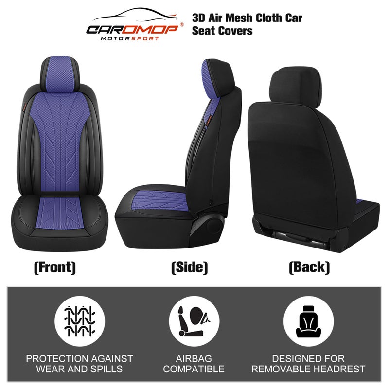 CAROMOP Breathable Cloth Fabric Car Seat Covers 2 Front Seats,Faux Leather 3D Foam Back Support Seat Cover for Car,Universal Seat Covers for Cars,Trucks,SUVs,Front Seat Armrests Compatible(Black/Blue) - Image 3