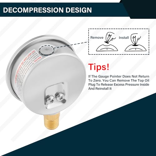 MEASUREMAN مقياس ضغط سائل بحجم قرص 2-1/2 بوصة من MEASUREMAN، 0-60psi/kpa، علبة من الفولاذ المقاوم للصدأ 304، تركيب سفلي 1/4inNPT - Image 4
