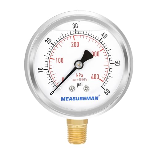 MEASUREMAN مقياس ضغط سائل بحجم قرص 2-1/2 بوصة من MEASUREMAN، 0-60psi/kpa، علبة من الفولاذ المقاوم للصدأ 304، تركيب سفلي 1/4inNPT - Image 1