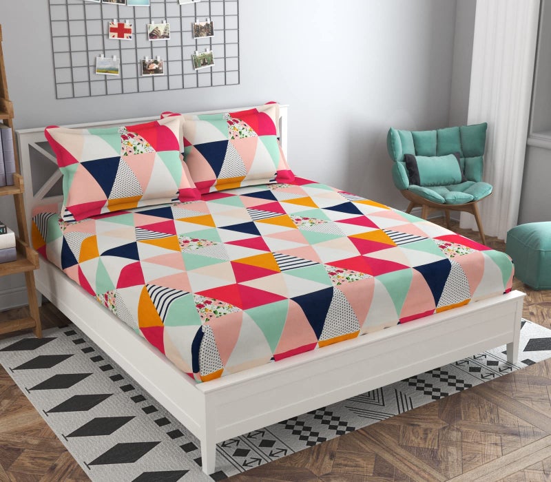 KAWI Elastic Fitted Bedsheet Cotton Blend Double Bed With 2 Pillow Cover( 72 X 78)- Multicolored(72X78),200 TC - Image 1