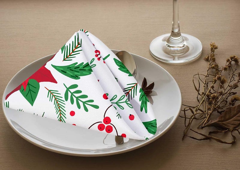 Yibeas Christmas FirTree Twigs Cloth Table Napkins Set of 4 Mistletoe Punchettium Flowers and Berries Table Decoration Dinner Napkins for Kitchen 18 x 18 inch - Image 3