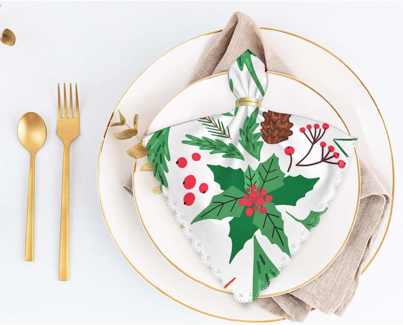 Yibeas Christmas FirTree Twigs Cloth Table Napkins Set of 4 Mistletoe Punchettium Flowers and Berries Table Decoration Dinner Napkins for Kitchen 18 x 18 inch - Image 5