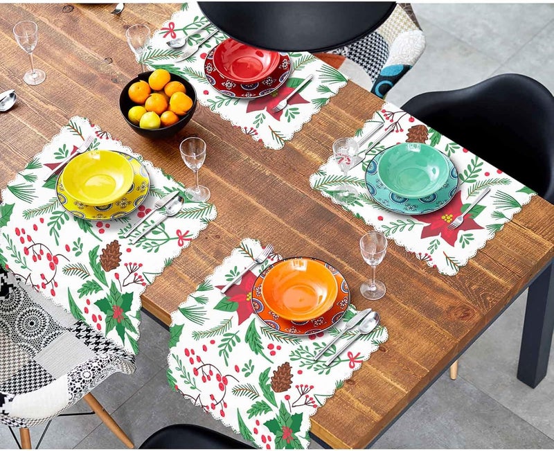 Yibeas Christmas FirTree Twigs Cloth Table Napkins Set of 4 Mistletoe Punchettium Flowers and Berries Table Decoration Dinner Napkins for Kitchen 18 x 18 inch - Image 4