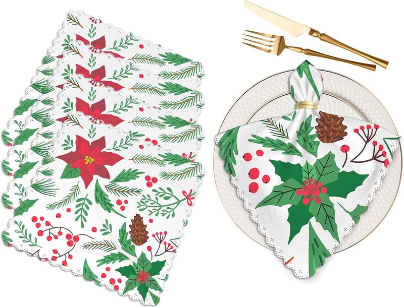 Yibeas Christmas FirTree Twigs Cloth Table Napkins Set of 4 Mistletoe Punchettium Flowers and Berries Table Decoration Dinner Napkins for Kitchen 18 x 18 inch - Image 1