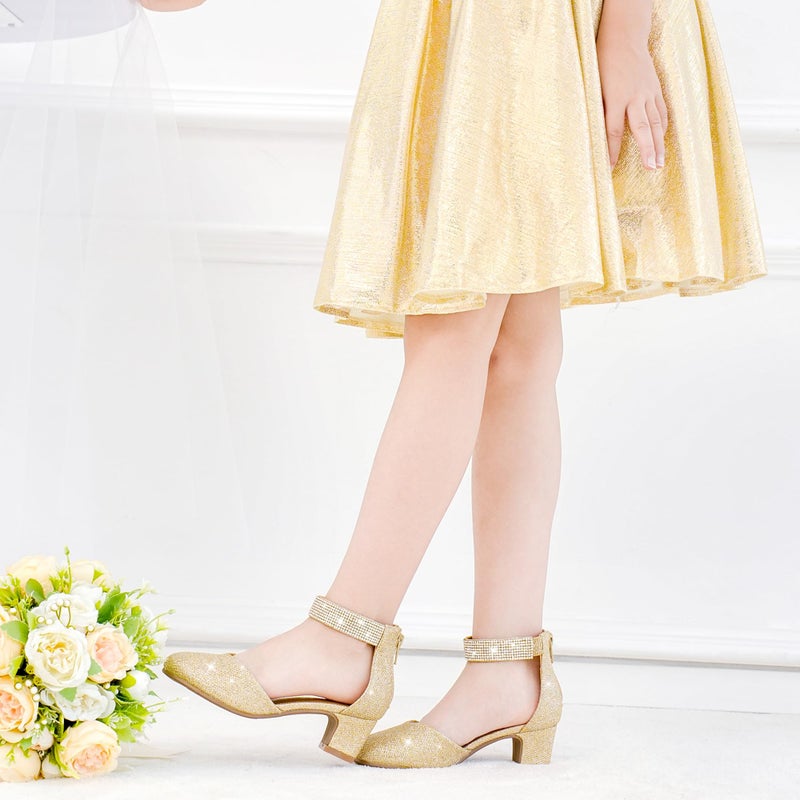 LAURMOSA Flower Girl Shoes Girls Dress Shoes Size 2 Rhinestone Heels Gold Girls High Heels for Kids Sparkly Flats Closed Toe Ankle Strap Chunky Formal Fancy Pumps Big Kid Wedding Party (L1053GlGold 2) - Image 2