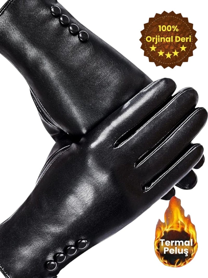 Mood Agenda Women's Genuine Leather Water and Windproof Cold Resistant Thermal Gloves 