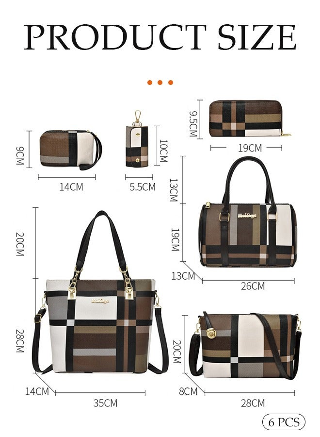 DUNISO 6pcs Shoulder Bag Set for Women Women Bag Ladies PU Leather Geometric Pattern Tote Handbag Set  for Women Commute One Shoulder Cross-body Bag with Wallet Brown - Image 2