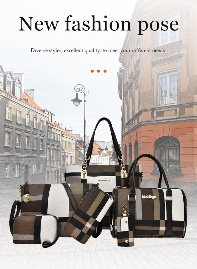 DUNISO 6pcs Shoulder Bag Set for Women Women Bag Ladies PU Leather Geometric Pattern Tote Handbag Set  for Women Commute One Shoulder Cross-body Bag with Wallet Brown - Image 3