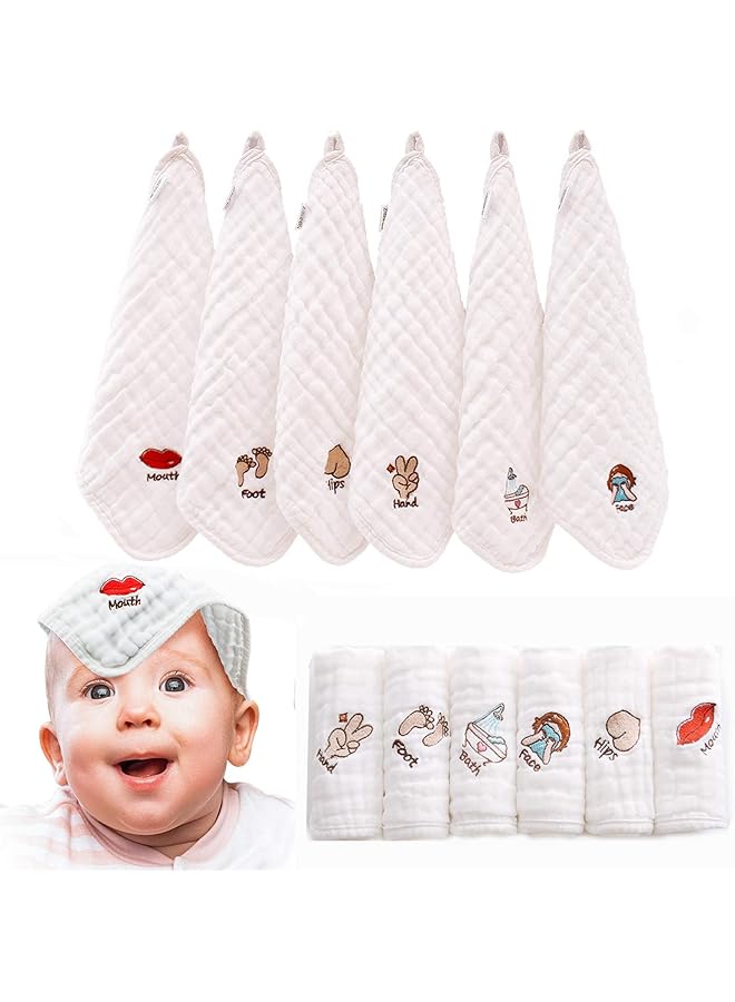 KASTWAVE Baby Muslin Washcloths Kids Face Towel Burp Cloths In Classified Design Soft Fluffy Breathable Newborn Wash Wipes Great For Baby Shower Registry Gifts (6 Pack 12X12 Inches) - Image 1