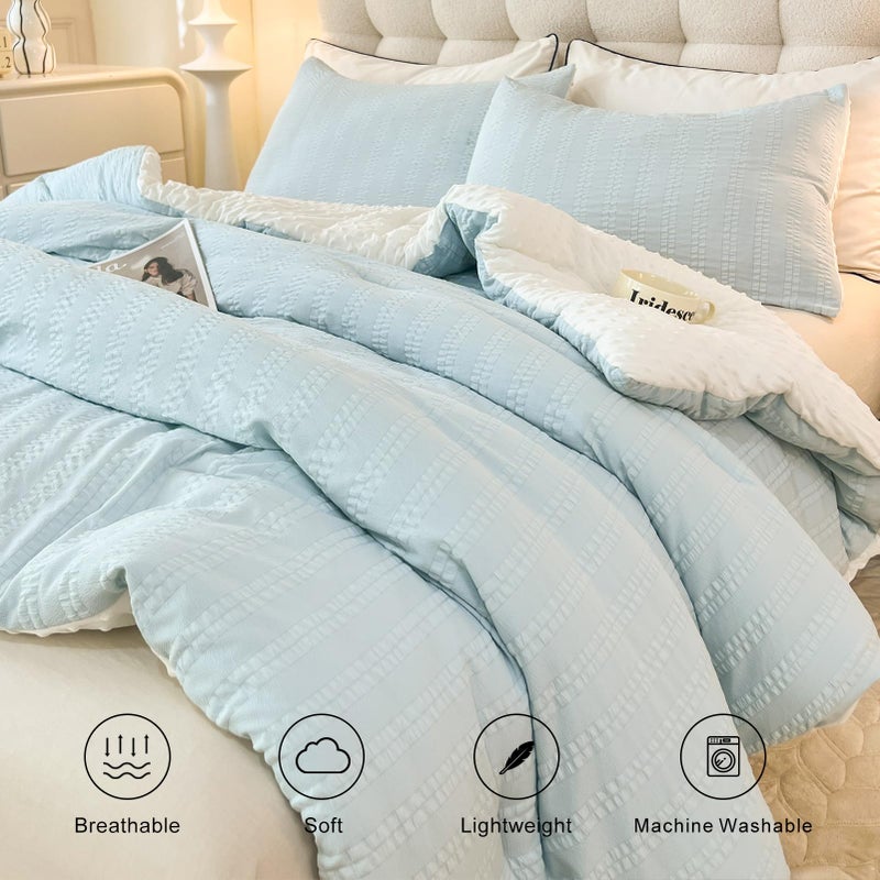 tohrisa Boho Comforter Set Twin Size Striped Pleats Bohemian Seersucker Bedding Set All Season Soft Cozy 2 Pieces Quilt with 1 Pillowcase(68"X90" Light Blue) - Image 4