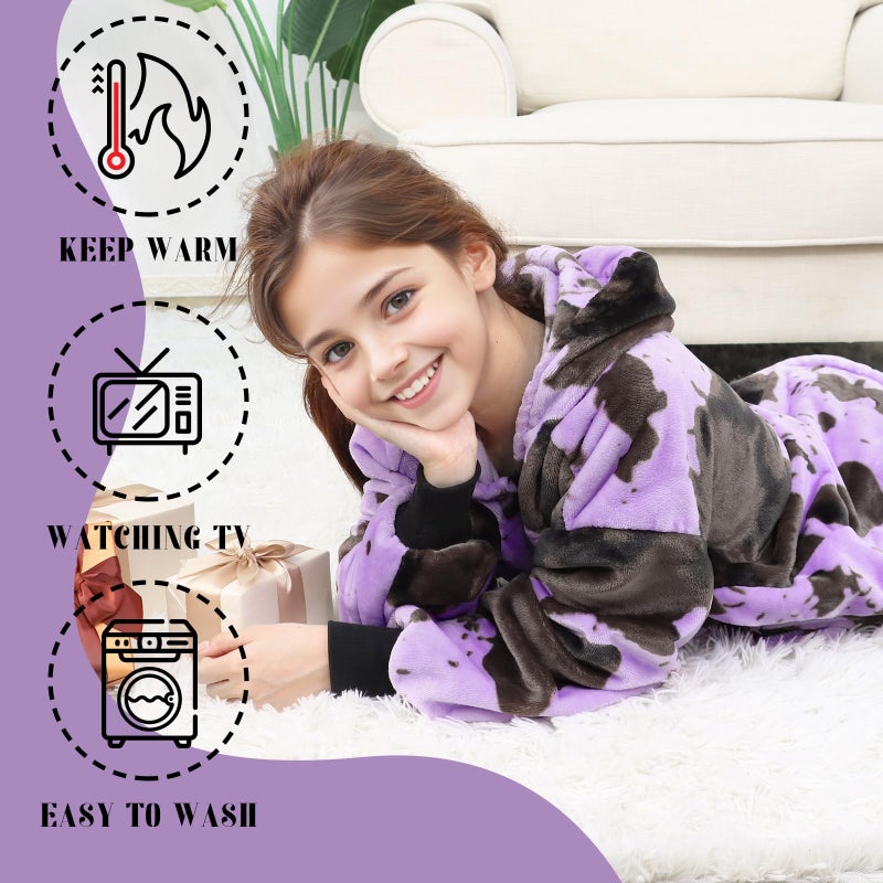 cow print بطانية قابلة للارتداء سويت شيرت هودي للأطفال البنات خفيفة الوزن مريحة باللون الأرجواني مصنوعة من الفليس مع غطاء ورمز جيب هدايا عيد الميلاد للمراهقات من 6-13 سنة - Image 4