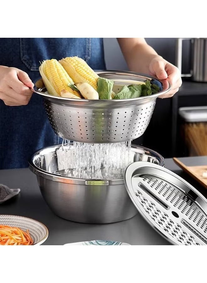 3-in-1 Stainless Steel Grater and Strainer Set – Mixing and Kneading Bowl with Strainer and Lid, Multi-Blade Grater for Grating and Chopping Vegetables - Image 1