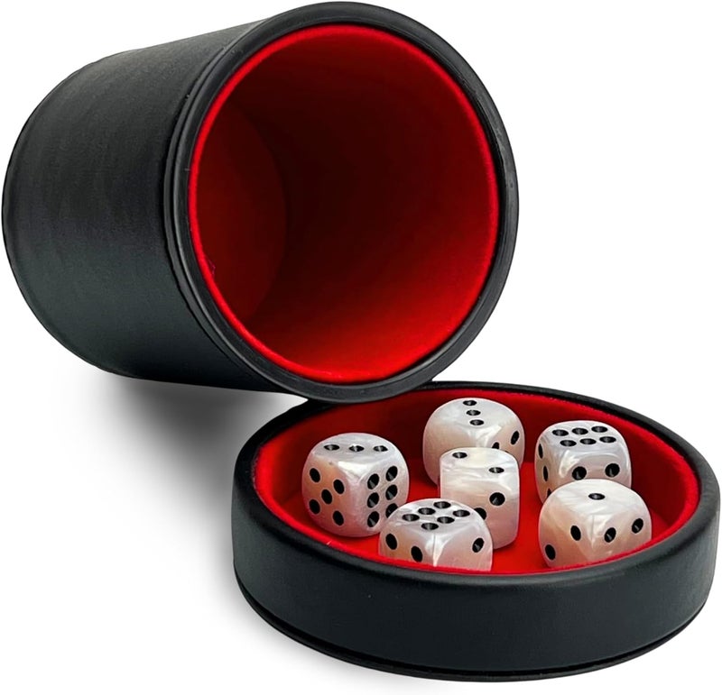 Black Leather Dice Cup with Lid Including 6 Matching Pearl Dice - Red Velvet Interior for Quiet Shaking - Use for Liars Dice Farkle Yahtzee Board Games