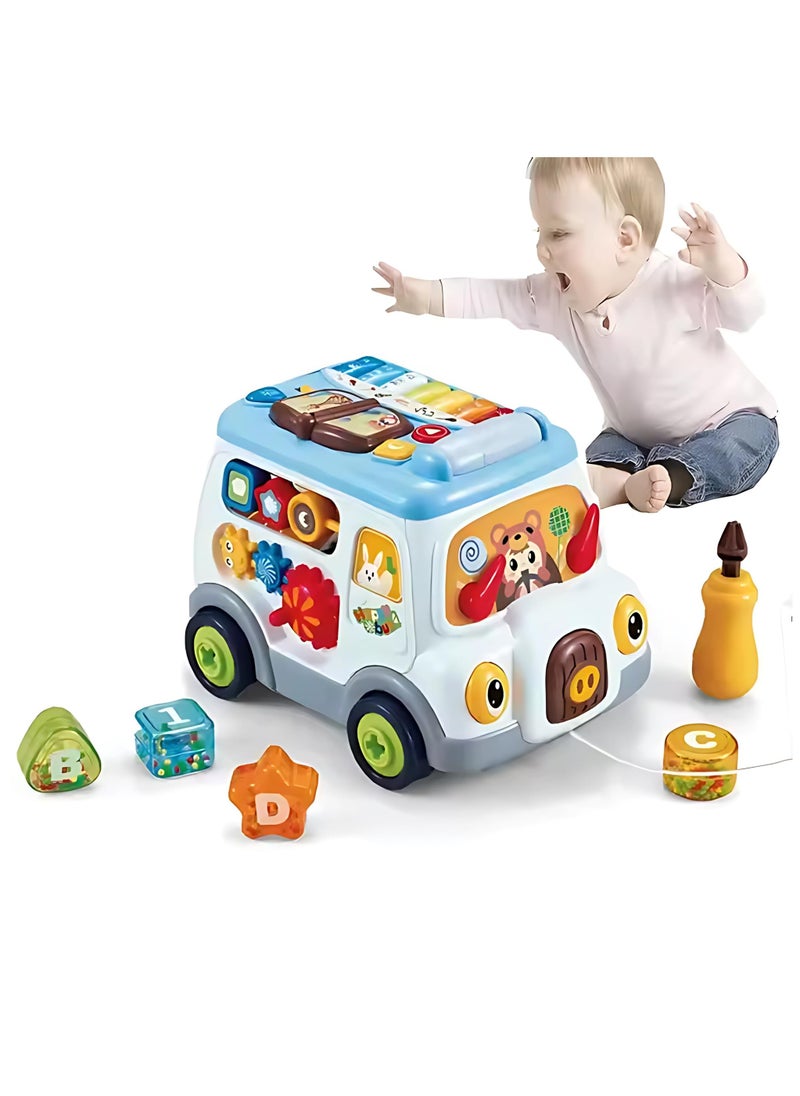 Twisoo Multifunctional Busy Bus Toy for Toddlers – 2-in-1 Musical Activity Toy with Piano, Talking Book, Shape Sorter, Pull String & Gears | Early Learning Toy for Kids 12+M (White)..