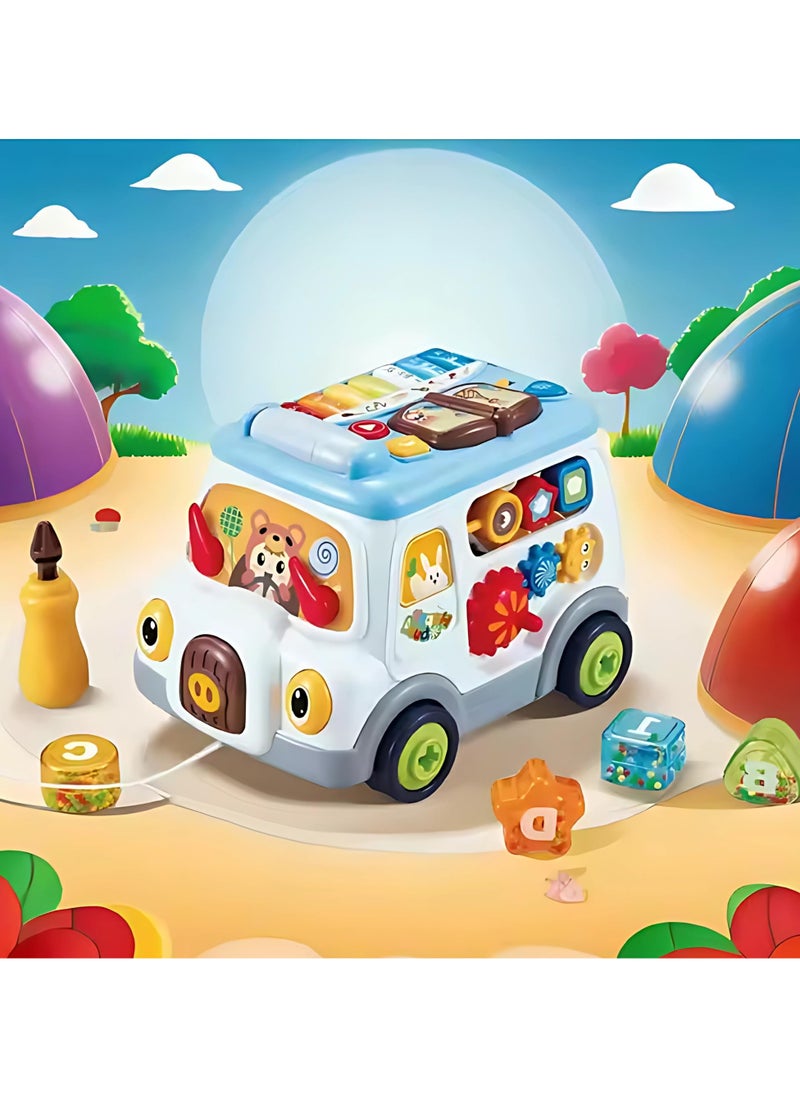 Twisoo Multifunctional Busy Bus Toy for Toddlers – 2-in-1 Musical Activity Toy with Piano, Talking Book, Shape Sorter, Pull String & Gears | Early Learning Toy for Kids 12+M (White)..