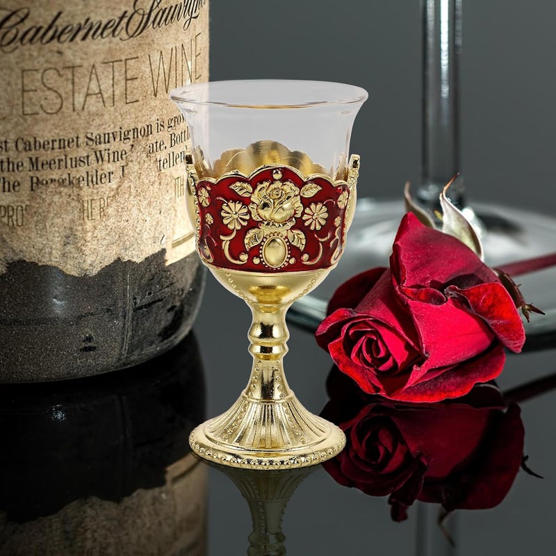 GALPADA 2pcs Vintage Metal Embossed Small Wine Goblets Reusable Household Liquor Cups with Rose Red Gold Accent for Wedding Reception and Party - Image 4