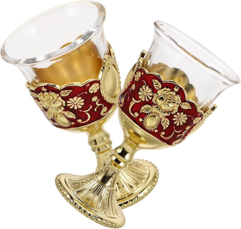 GALPADA 2pcs Vintage Metal Embossed Small Wine Goblets Reusable Household Liquor Cups with Rose Red Gold Accent for Wedding Reception and Party - Image 1