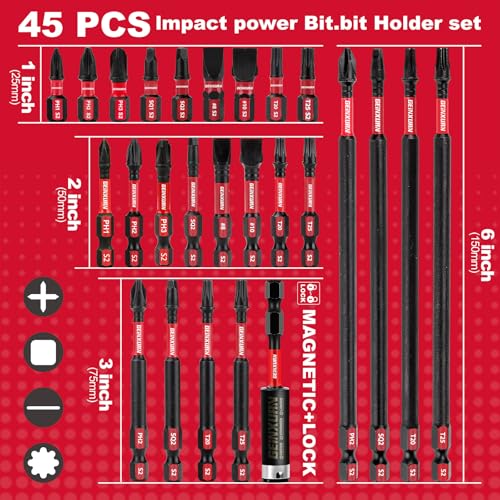 GEINXURN Impact Tough Magnetic Mixed 45Pack Insert Driver Bits, S2 Alloy Steel Screwdriver Power Bits Set with 1Pcs Impact Magnetic Bit Holder - Image 4