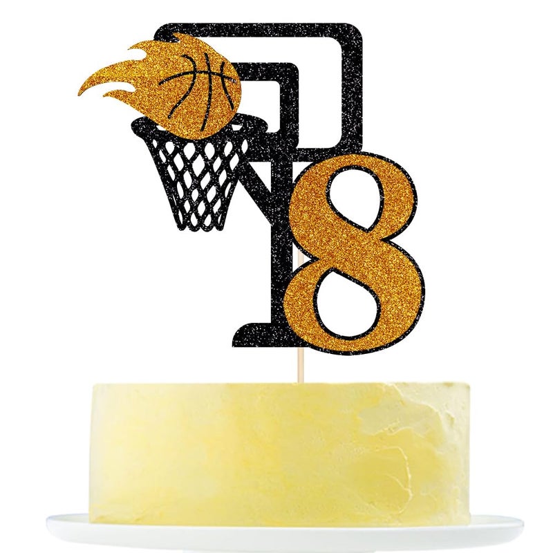 Yetxel Basketball 8th Birthday Cake Topper  Basketball theme happy birthday party cake decorations Basketball 8-year-old boy girl children's party cake Topper Happy 8th birthday to basketball cake top hat - Image 1