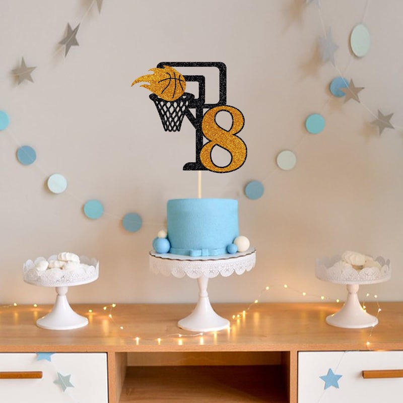 Yetxel Basketball 8th Birthday Cake Topper  Basketball theme happy birthday party cake decorations Basketball 8-year-old boy girl children's party cake Topper Happy 8th birthday to basketball cake top hat - Image 5