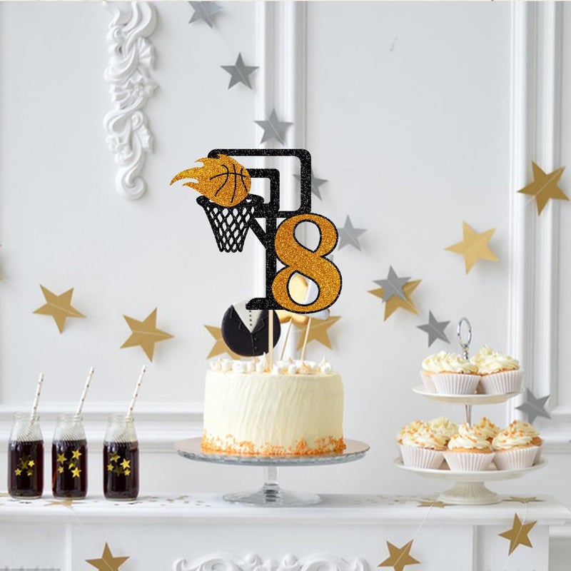 Yetxel Basketball 8th Birthday Cake Topper  Basketball theme happy birthday party cake decorations Basketball 8-year-old boy girl children's party cake Topper Happy 8th birthday to basketball cake top hat - Image 2