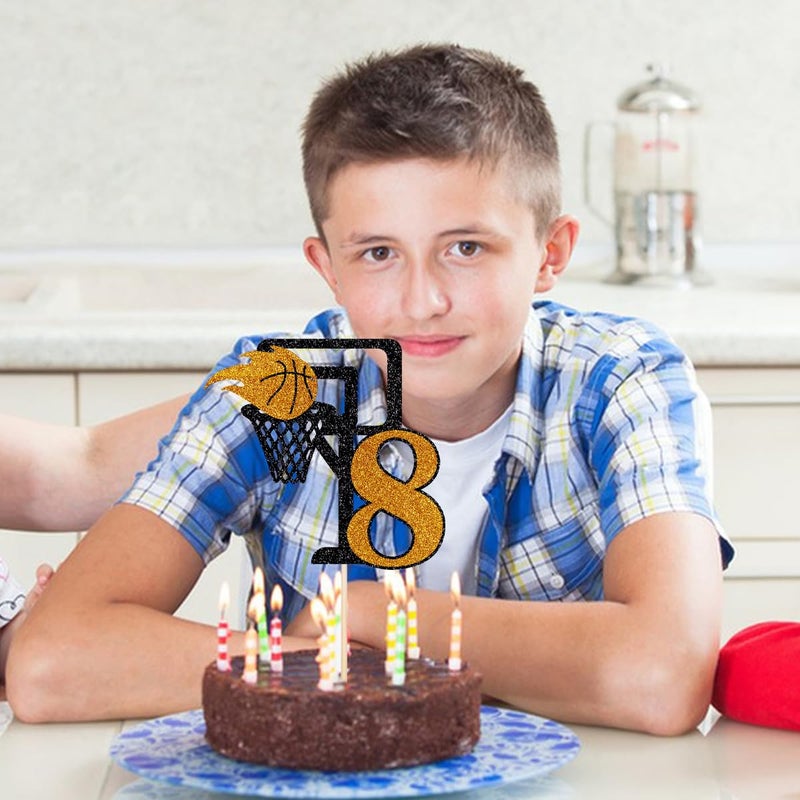 Yetxel Basketball 8th Birthday Cake Topper  Basketball theme happy birthday party cake decorations Basketball 8-year-old boy girl children's party cake Topper Happy 8th birthday to basketball cake top hat - Image 4