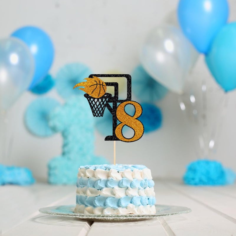 Yetxel Basketball 8th Birthday Cake Topper  Basketball theme happy birthday party cake decorations Basketball 8-year-old boy girl children's party cake Topper Happy 8th birthday to basketball cake top hat - Image 3
