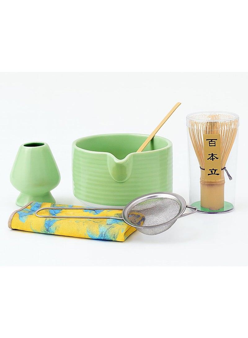 Flavoma (Set of 6) Japanese Handmade Bamboo Matcha Whisk + Chashaku Scoop + Ceramic Matcha Bowl + Whisk Holder + Tea Strainer + Cloth for Traditional Matcha Preparation - Image 1