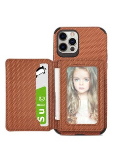 Generic Case Cover For iPhone 12 Pro Max Carbon Fiber Magnetic Card Bag TPU+PU Shockproof Back Cover Case with Holder & Card Slot & Photo Frame Brown 