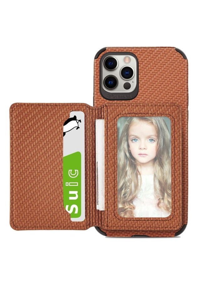 Generic Case Cover For iPhone 12 Pro Max Carbon Fiber Magnetic Card Bag TPU+PU Shockproof Back Cover Case with Holder & Card Slot & Photo Frame Brown 
