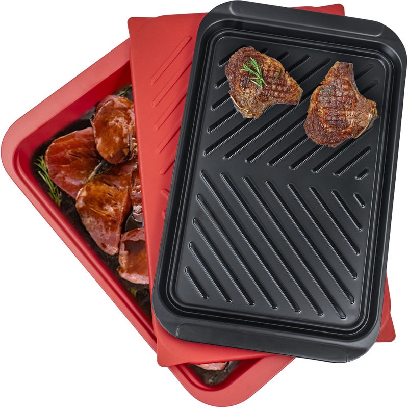 ECOIOU Grilling Prep and Serving Tray with Lid, BBQ Deep Tray for Marinating Raw and Cooked Food, Melamine Serving Trays for Food, Black and Red - Image 1