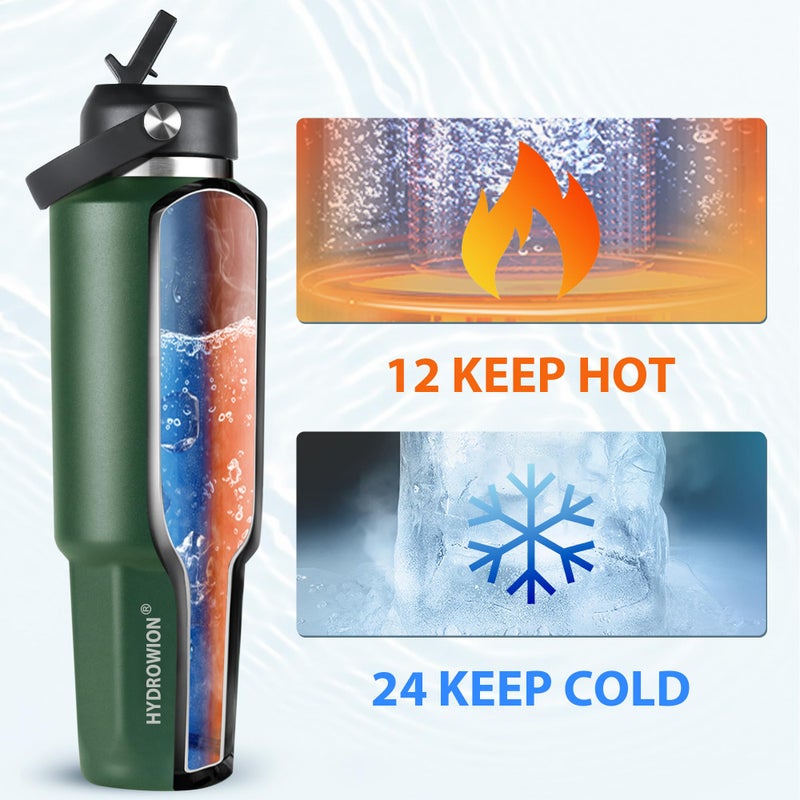 HYDROWION 32 oz Insulated Water Bottle, Car Water Bottle Holder - Double Wall Vacuum Insulated Travel Bottle with Straw Lid, Spout Lid and Flex Cap - Cold for 24H, Hot for 12H, Olive - Image 3