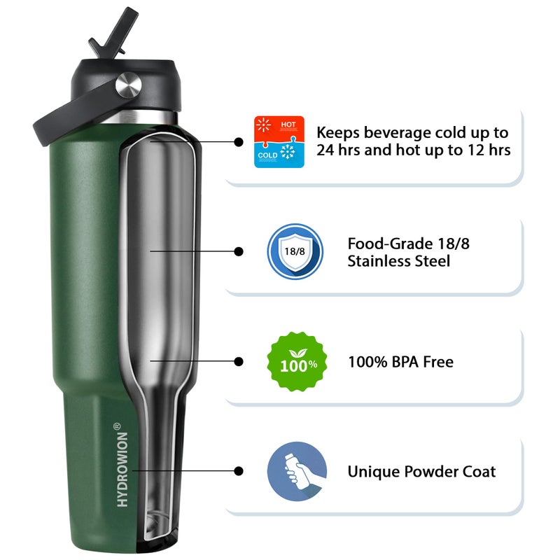 HYDROWION 32 oz Insulated Water Bottle, Car Water Bottle Holder - Double Wall Vacuum Insulated Travel Bottle with Straw Lid, Spout Lid and Flex Cap - Cold for 24H, Hot for 12H, Olive - Image 5