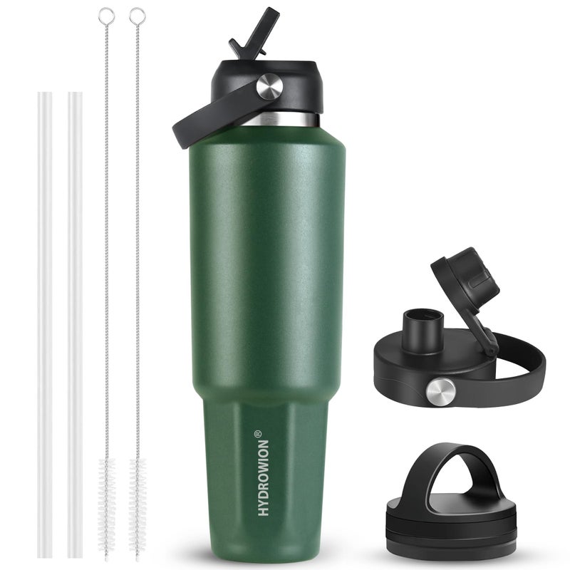 HYDROWION 32 oz Insulated Water Bottle, Car Water Bottle Holder - Double Wall Vacuum Insulated Travel Bottle with Straw Lid, Spout Lid and Flex Cap - Cold for 24H, Hot for 12H, Olive - Image 1
