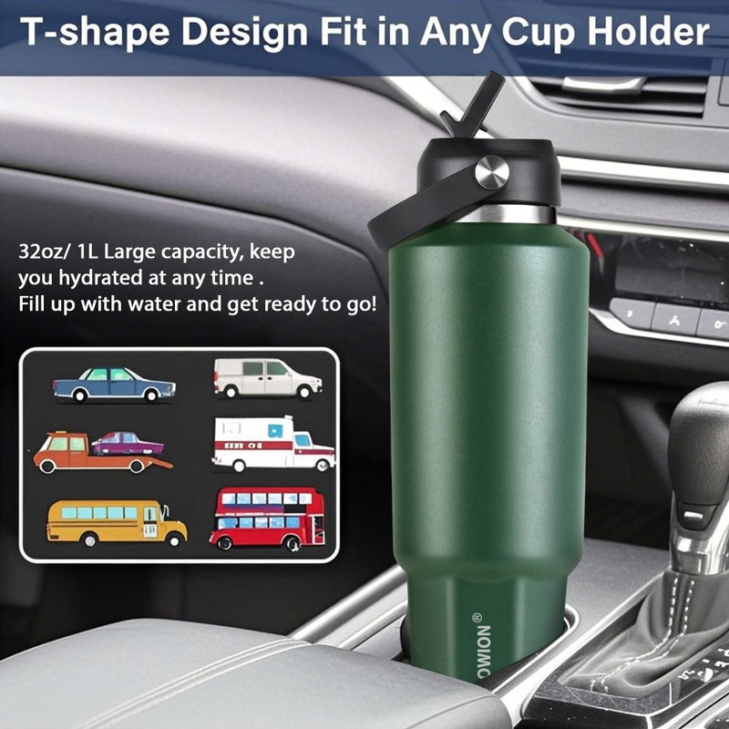 HYDROWION 32 oz Insulated Water Bottle, Car Water Bottle Holder - Double Wall Vacuum Insulated Travel Bottle with Straw Lid, Spout Lid and Flex Cap - Cold for 24H, Hot for 12H, Olive - Image 2