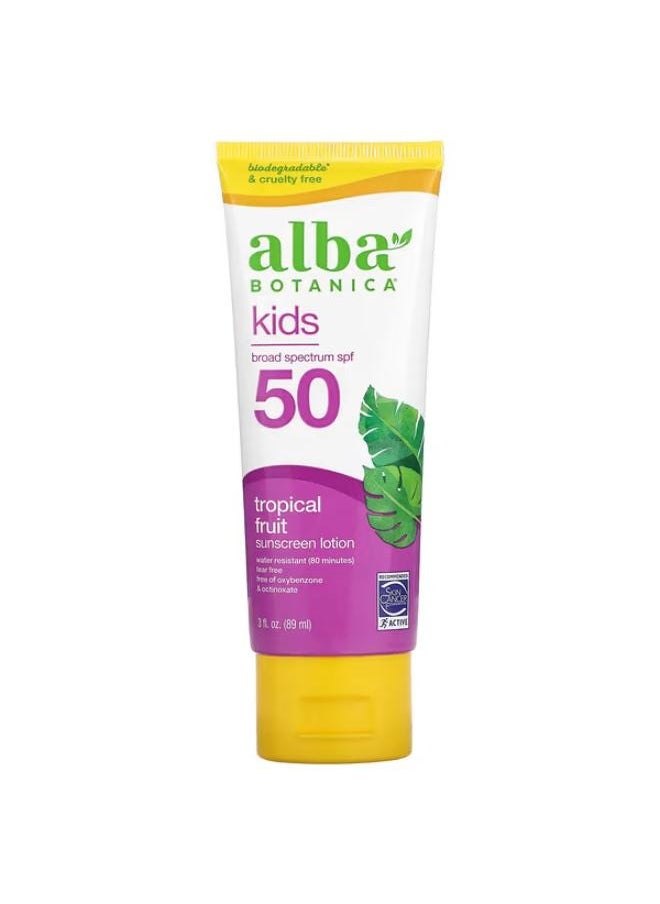 Alba Botanica Kids Sunscreen Lotion, SPF 50, Tropical Fruit, 3 fl oz (89 ml) 