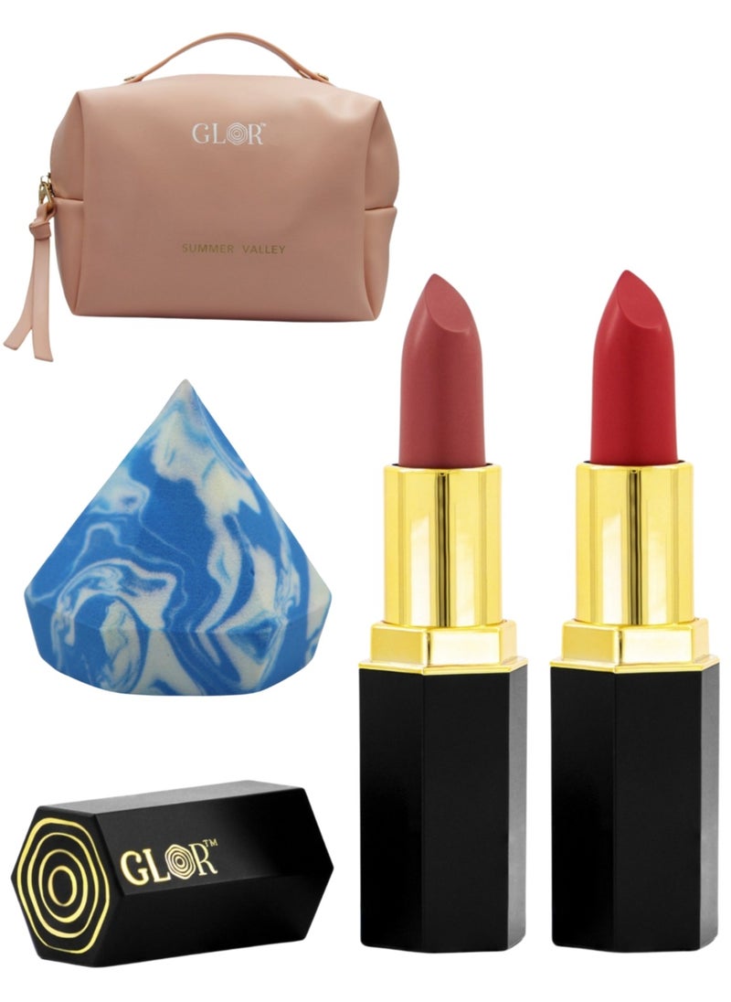 GLOR Glor Endless Charm Lipstick– Intense Long-Lasting Color, Luxurious Moisture, Ultra-Creamy Formula for Beautiful Lips-Raspberry Range + Voila + 1 Beauty Blender + 1 Cosmetic Bag  - Image 1