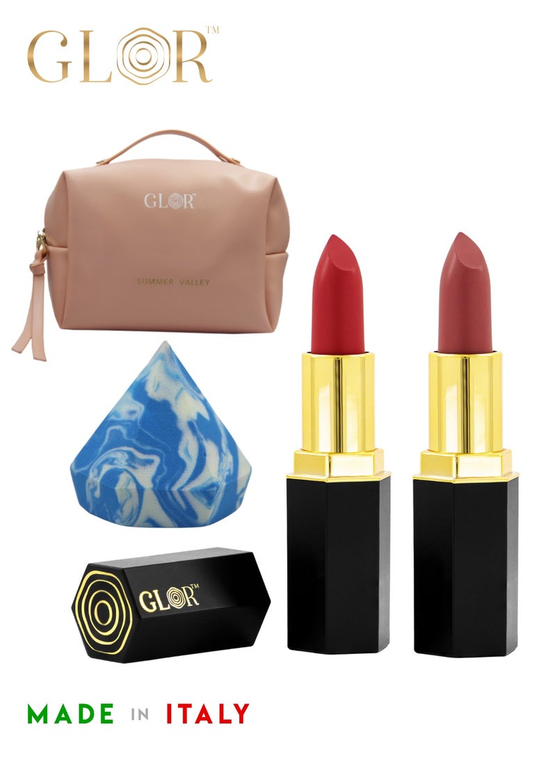 Glor Endless Charm Lipstick– Intense Long-Lasting Color, Luxurious Moisture, Ultra-Creamy Formula for Beautiful Lips-Raspberry Range + Voila + 1 Beauty Blender + 1 Cosmetic Bag - Image 1