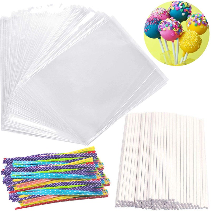 Big Size Lollipop Cake Pop Treat Bag Set Including 100pcs Parcel Bags 100pcs Papery Treat Sticks 100pcs Colorful Metallic Twist Ties for Making Lollipops Cake Pops Candies Chocolates and Cookies