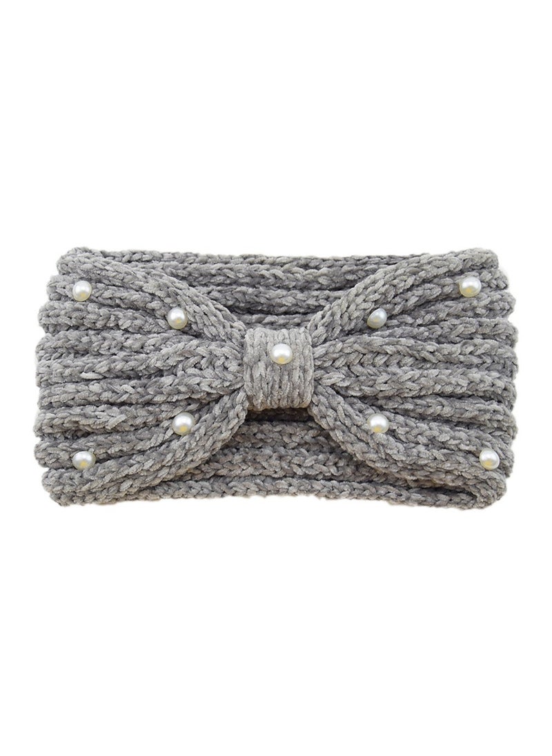 Generic European and American Corduroy Pearl Bow Hair Band Sports Headband Ear Protector Headgear Knitted Headband Warm Wool Hair Accessories #1 Gray 
