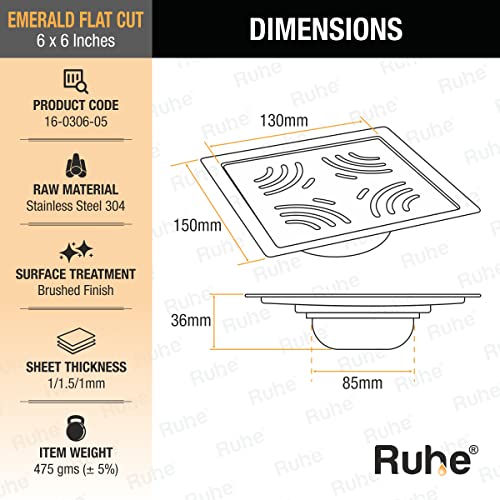 Ruhe® Opal Exclusive Square Flat Cut Floor Drainer | 304-Grade Stainless Steel | (6x6 inches) | with Cockroach Trap/Jali - Image 2