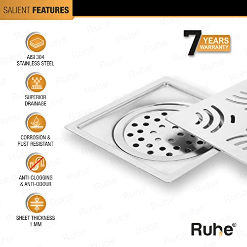 Ruhe® Opal Exclusive Square Flat Cut Floor Drainer | 304-Grade Stainless Steel | (6x6 inches) | with Cockroach Trap/Jali - Image 4