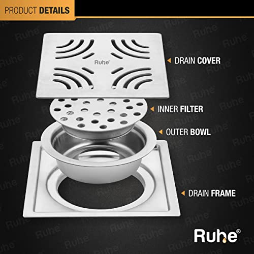 Ruhe® Opal Exclusive Square Flat Cut Floor Drainer | 304-Grade Stainless Steel | (6x6 inches) | with Cockroach Trap/Jali - Image 3