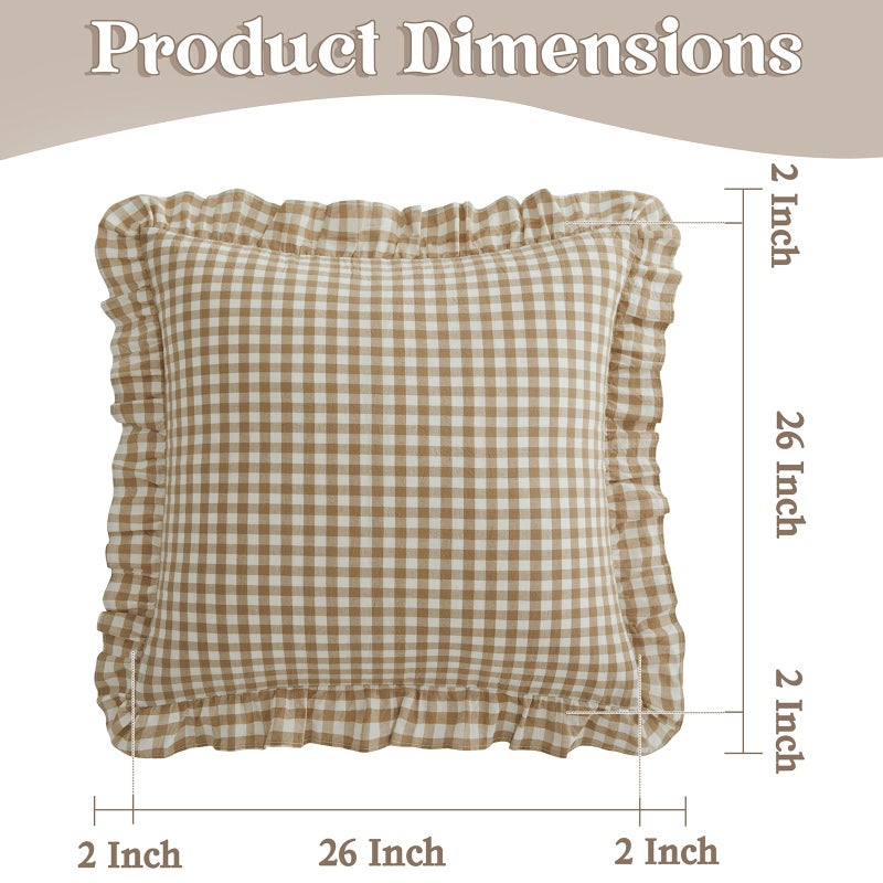 KKJIAF Ruffle Gingham Pillow Covers 26 x 26 Inches, Cotton Plaid Throw Pillow Shams Set of 2, Linen Feel Ruffled Plaid Pillow Cases with Envelope Closure for Sofa Bed (Taupe/White Plaid) - Image 2