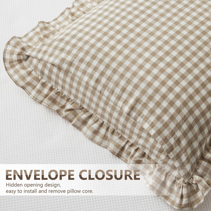 KKJIAF Ruffle Gingham Pillow Covers 26 x 26 Inches, Cotton Plaid Throw Pillow Shams Set of 2, Linen Feel Ruffled Plaid Pillow Cases with Envelope Closure for Sofa Bed (Taupe/White Plaid) - Image 5