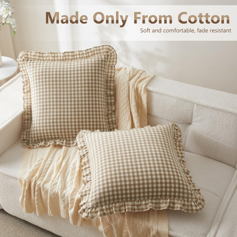 KKJIAF Ruffle Gingham Pillow Covers 26 x 26 Inches, Cotton Plaid Throw Pillow Shams Set of 2, Linen Feel Ruffled Plaid Pillow Cases with Envelope Closure for Sofa Bed (Taupe/White Plaid) - Image 3