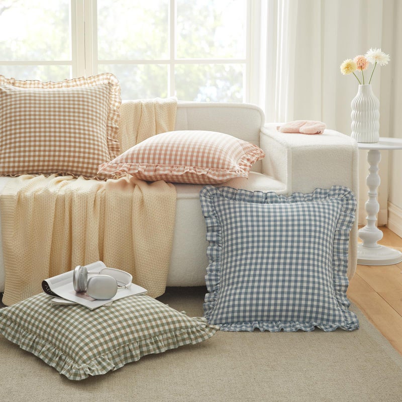 KKJIAF Ruffle Gingham Pillow Covers 26 x 26 Inches, Cotton Plaid Throw Pillow Shams Set of 2, Linen Feel Ruffled Plaid Pillow Cases with Envelope Closure for Sofa Bed (Taupe/White Plaid) - Image 4