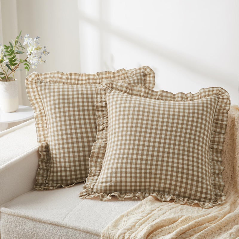 KKJIAF Ruffle Gingham Pillow Covers 26 x 26 Inches, Cotton Plaid Throw Pillow Shams Set of 2, Linen Feel Ruffled Plaid Pillow Cases with Envelope Closure for Sofa Bed (Taupe/White Plaid) - Image 1
