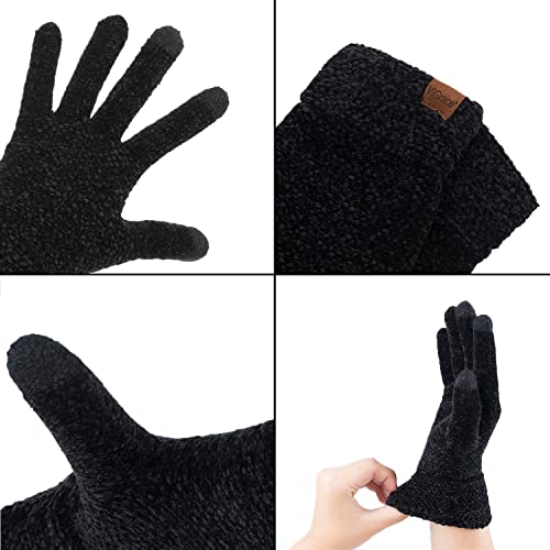 ViGrace Winter Touchscreen Gloves for Women Chenille Warm Cable Knit with 3 Touch Screen Fingers Texting Driving Elastic Cuff Thermal Glove Black,Large - Image 5